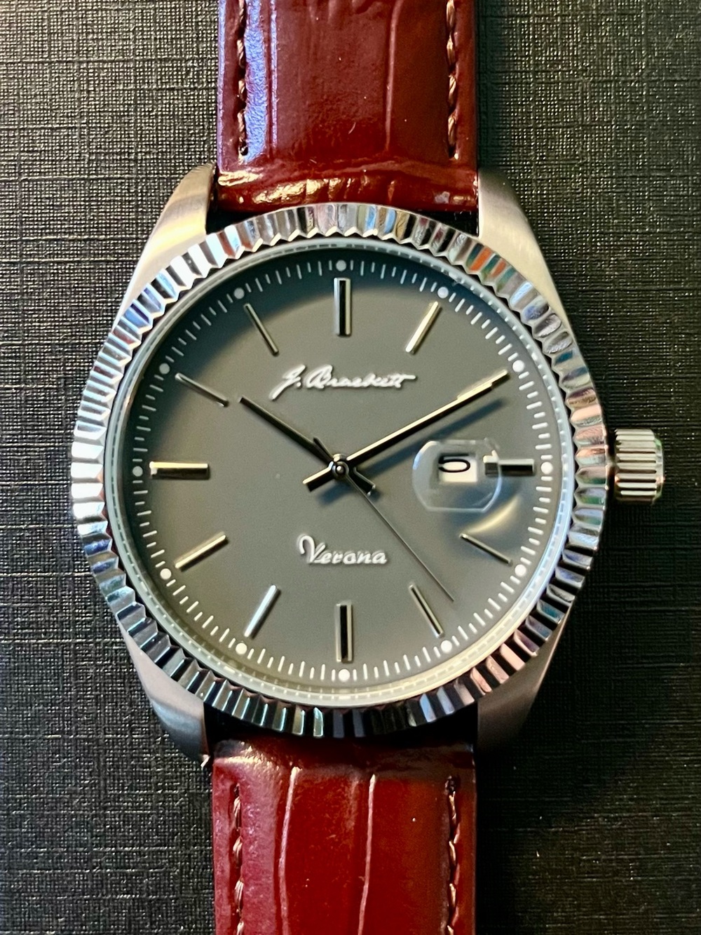 J. Brackett Verona Men's Watch — Grey Dial, Burgundy Leather Strap